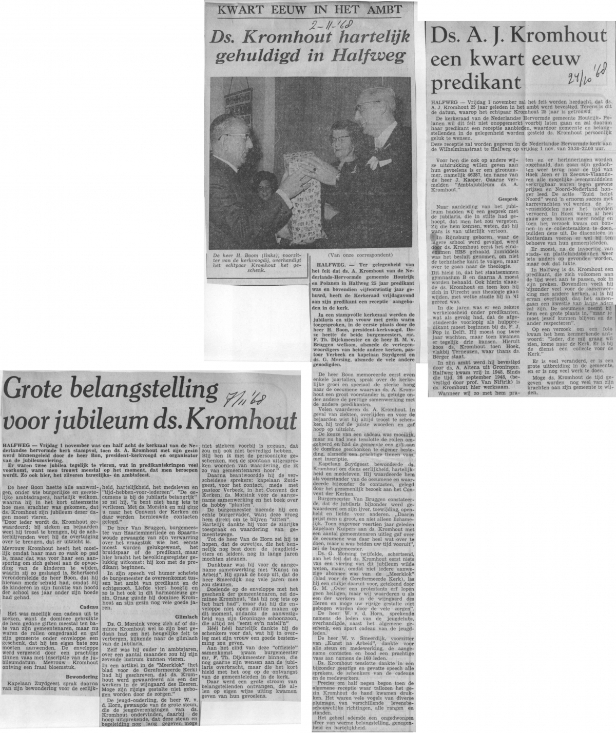 Ds A. J. Kromhout kwart eeuw predikant Ned. Herv. Kerk Halfweg 1968